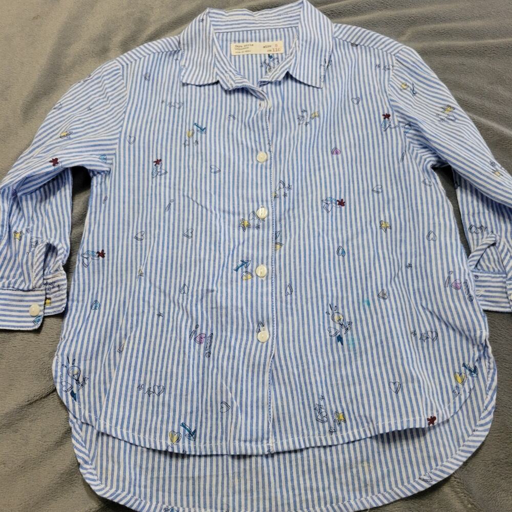Zara kids Button Front Girls 5 Blue Stripe SHORT SLEEVE Shirt Heart Star Print
